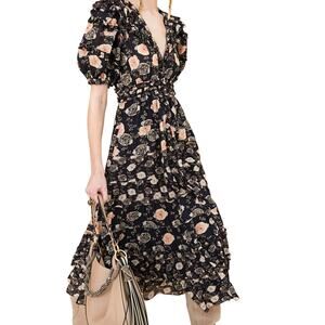 Ulla Johnson Irvette Dress Black Floral Puff Sleeve Ruffle Tiered Midi Dress